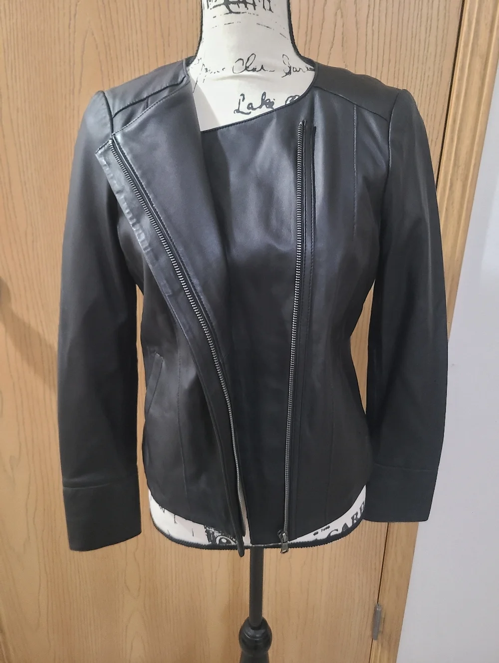 Ecru Black Lamb Leather Bikercore Mobwife Moto Jacket Zipper Blazer - Picture 3 of 6